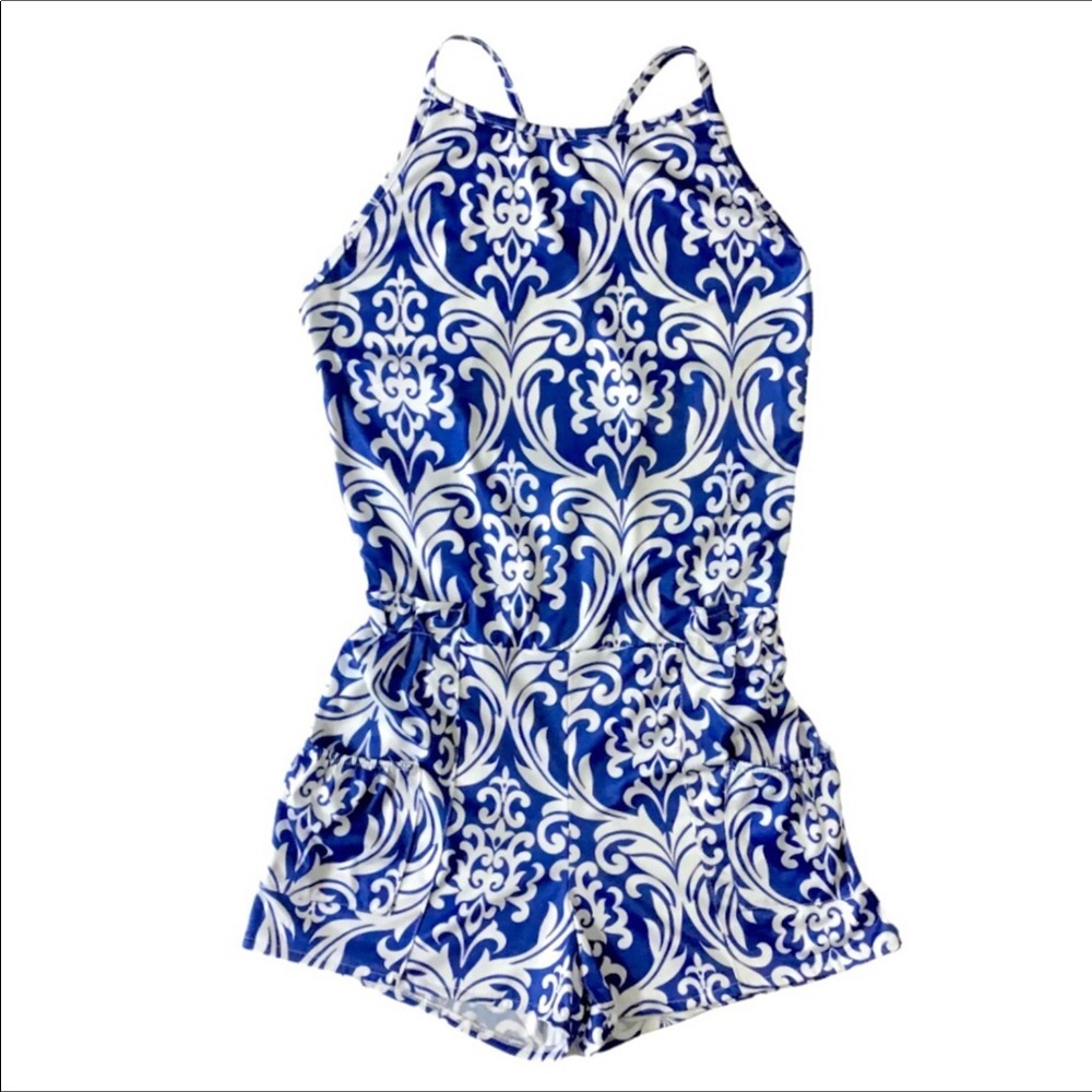 Crisscross Back Romper Size S Blue White 2 Pockets Adjustable Spaghetti Straps